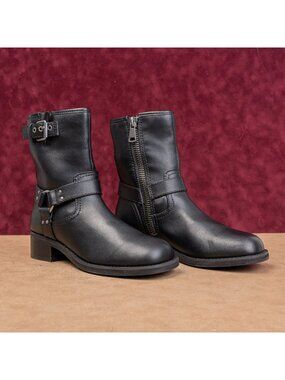 Open Edit Women Moto Chunky Black Vegan Leather Harness Festival Boots sz 8.5